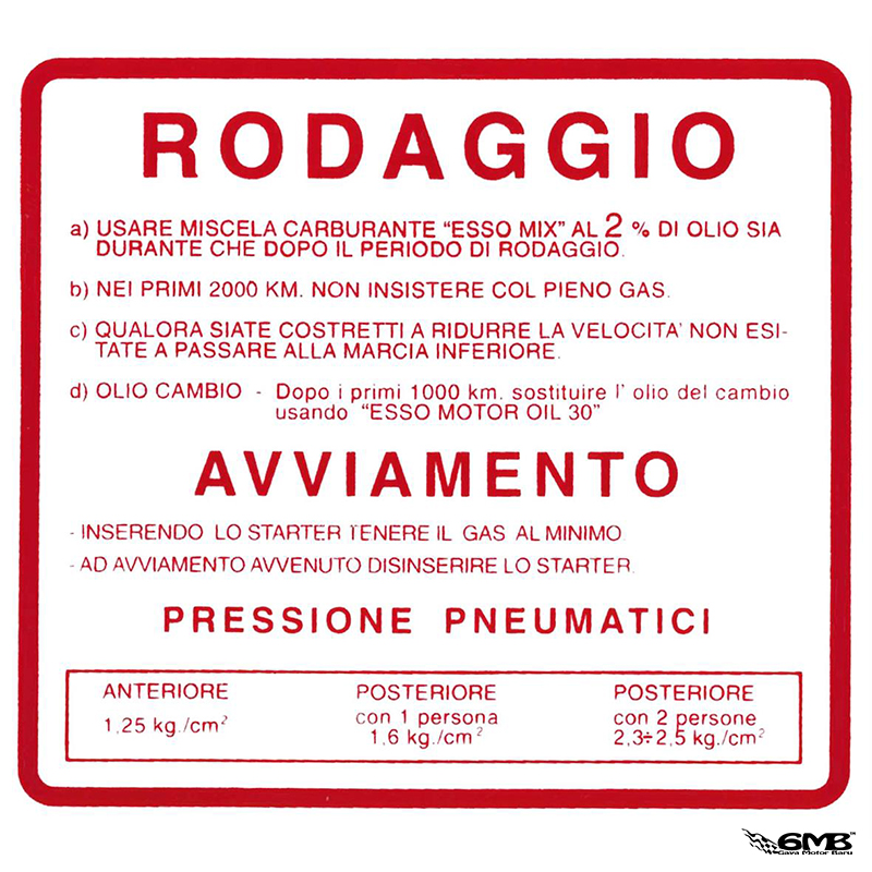 RODAGGIO Sticker run-in rules for Vespa 50 SS/​90 SS